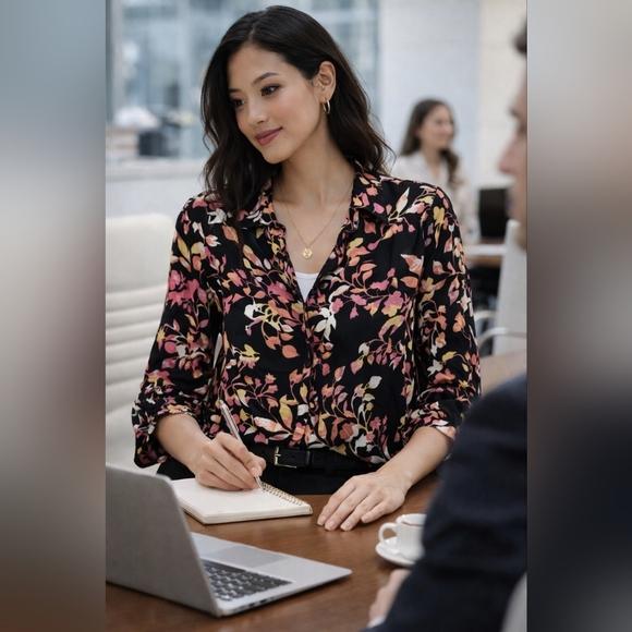 Floral Button Front Boho Romantic Floral Blouse Business Casual Office Shirt - Picture 7 of 8